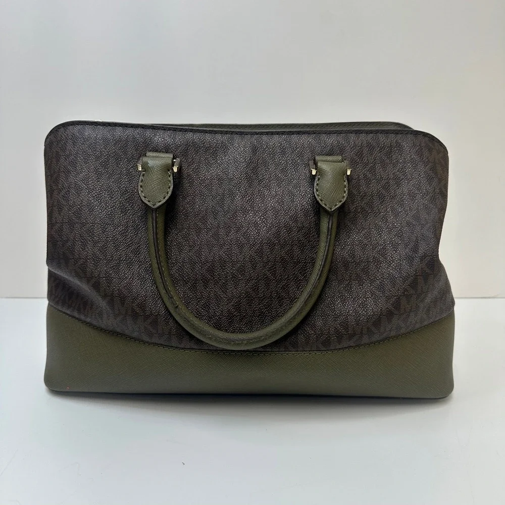 Michael Kors Signature Logo Satchel Brown Olive Green Two Tone Handbag Gold HW